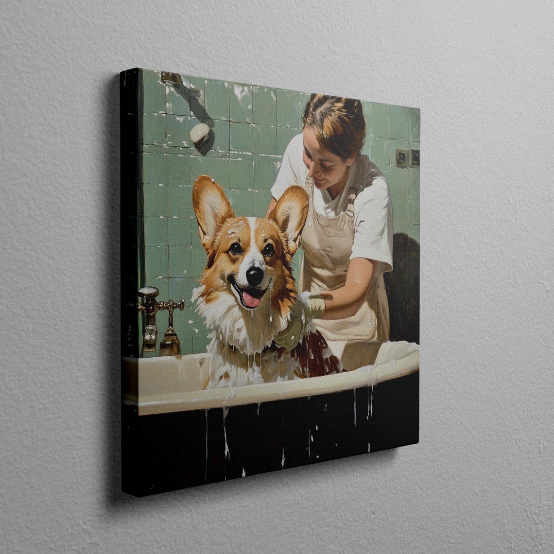Woman Bathing a Soapy Corgi in a Vintage Green Bathtub Poster - Image 2