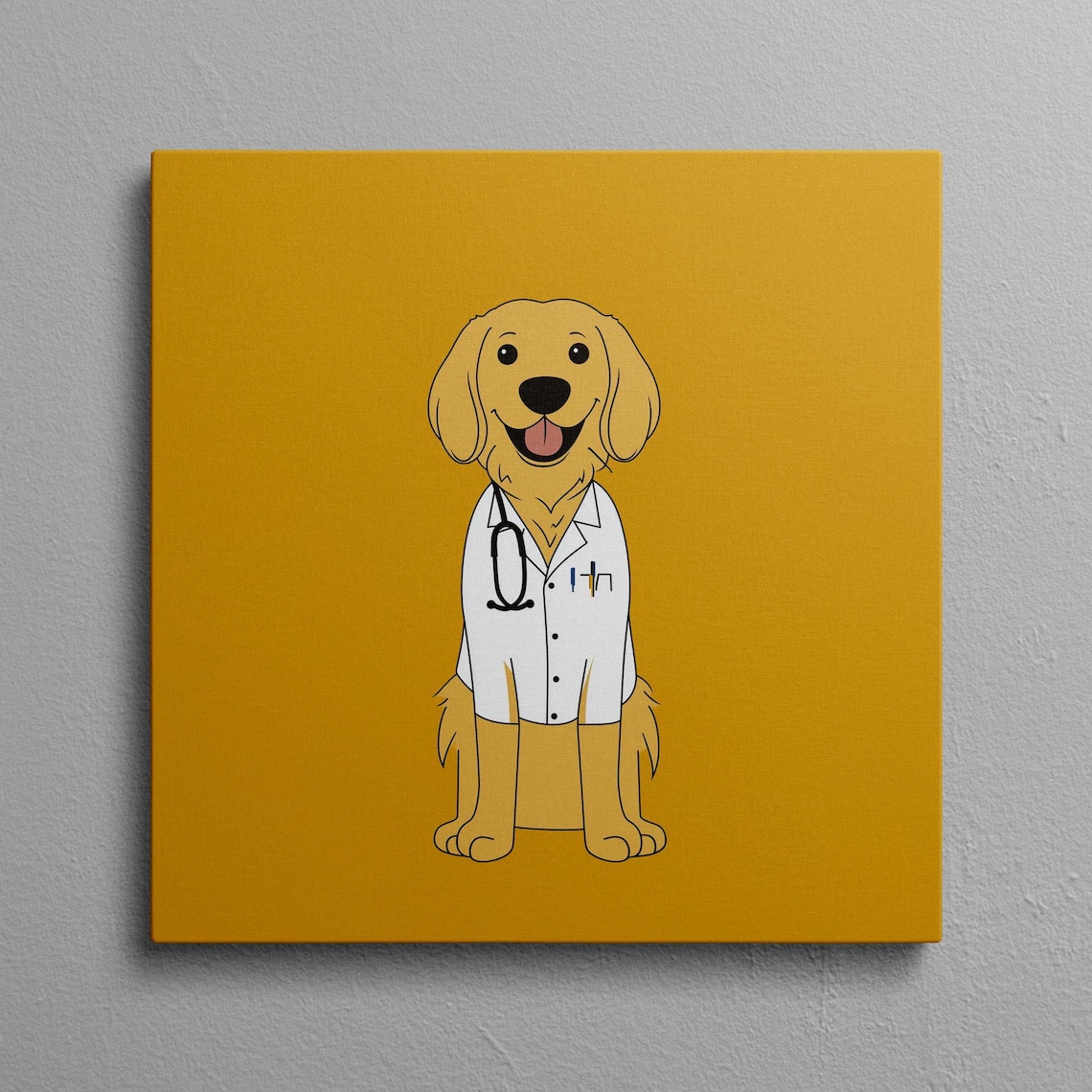 Happy Golden Retriever Doctor Cartoon On Mustard Gold Wall Art