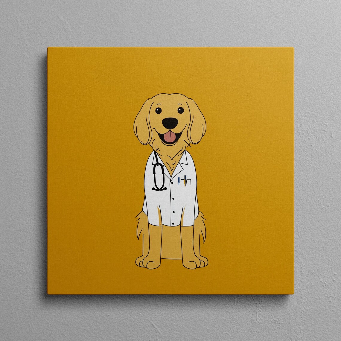 Smiling Golden Retriever Doctor In White Coat Cartoon Wall Art