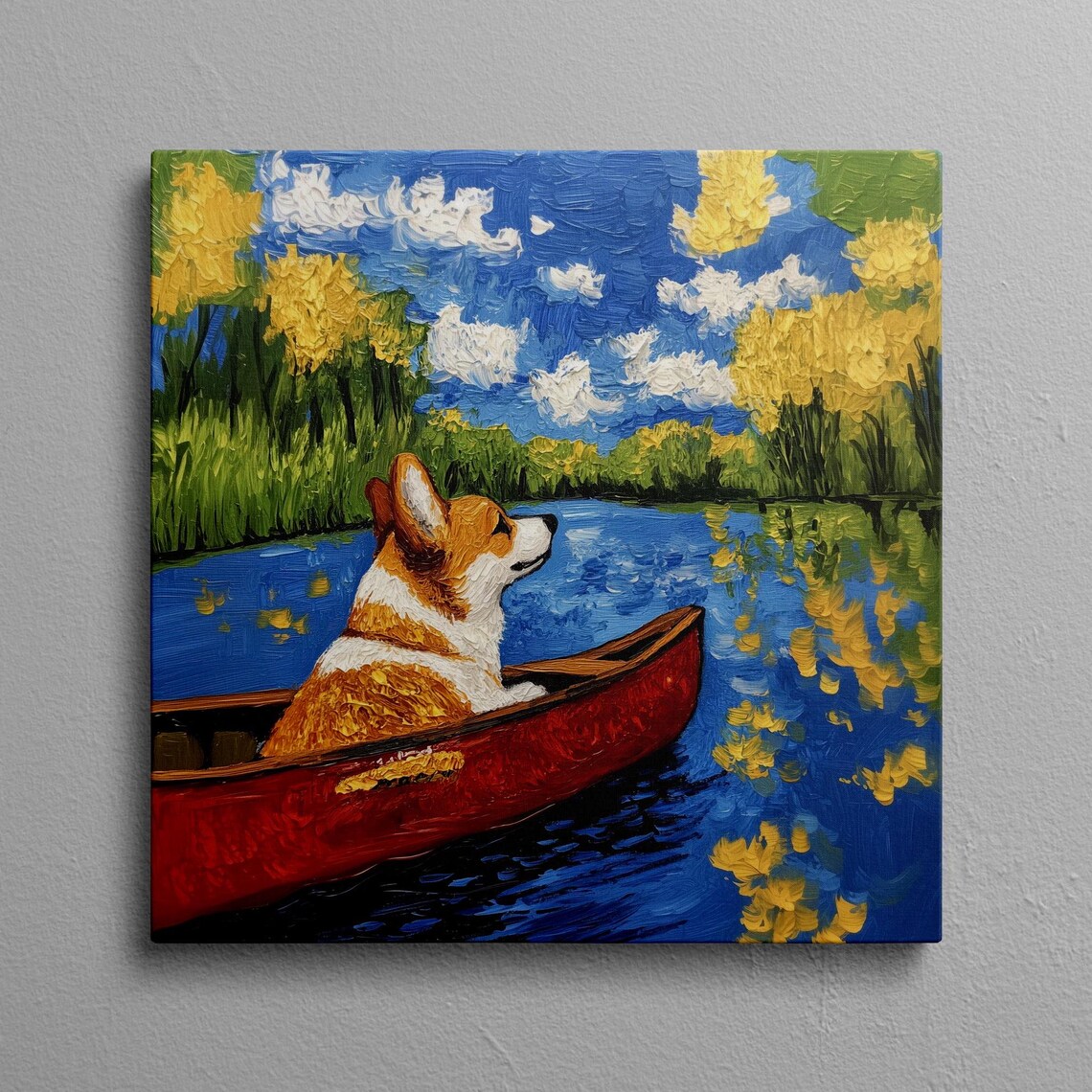 Corgi Paddling a Red Canoe on a River in Colorful Oil Poster