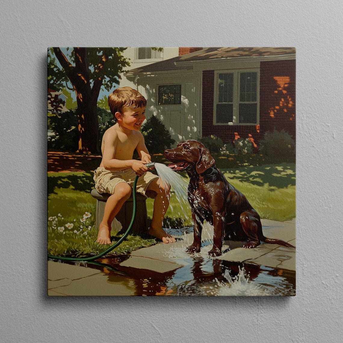 Laughing Boy Spraying Chocolate Lab With Garden Hose Summer Poster