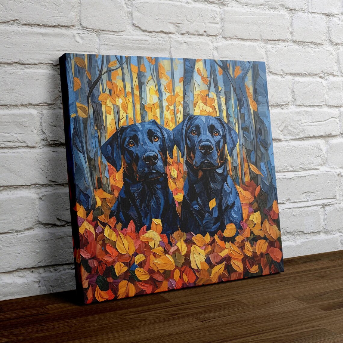 Two Black Labs In An Autumn Forest Full Of Colorful Leaves Poster - Image 4