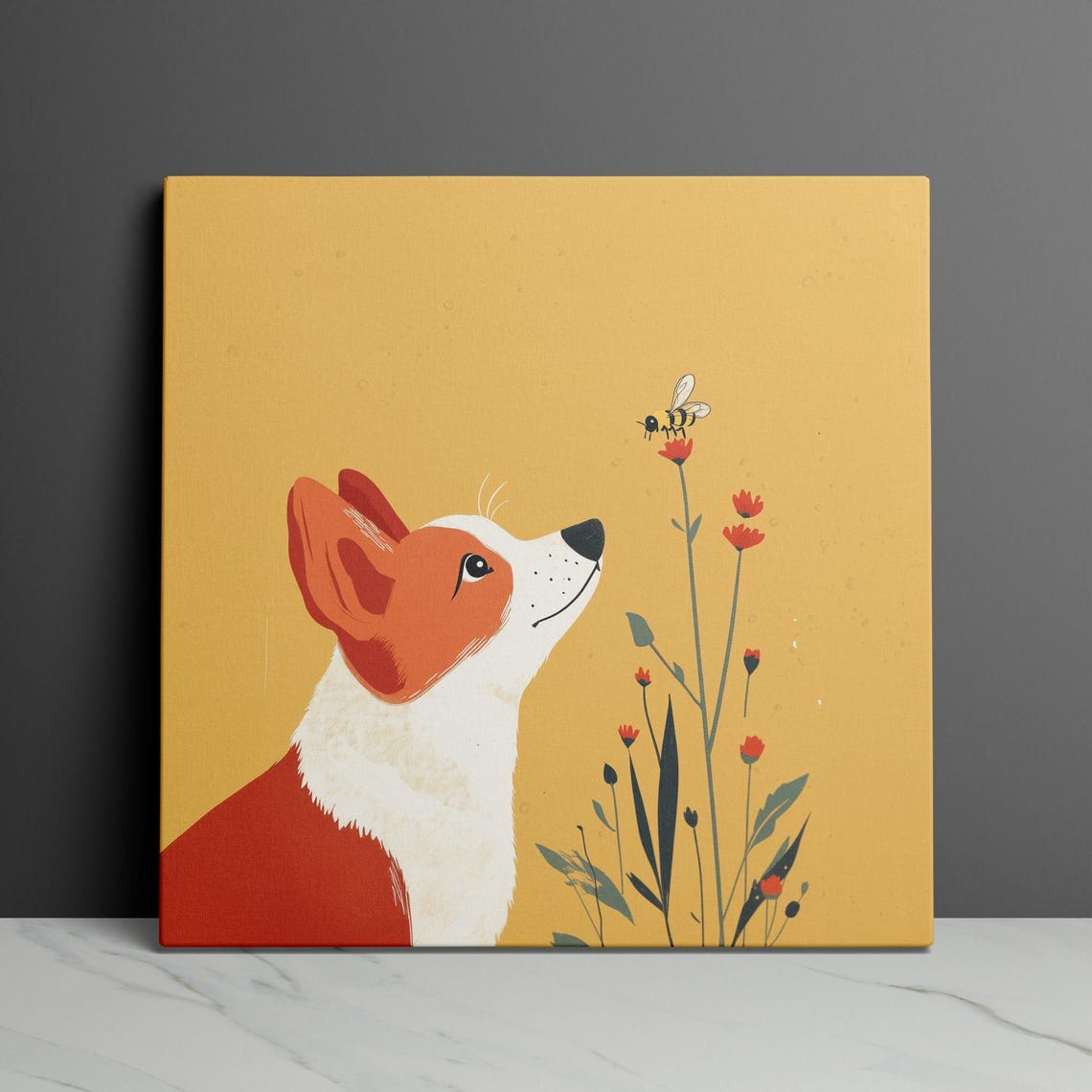 Corgi Watching a Bee on Wildflowers Minimalist Yellow Art Poster - Image 3