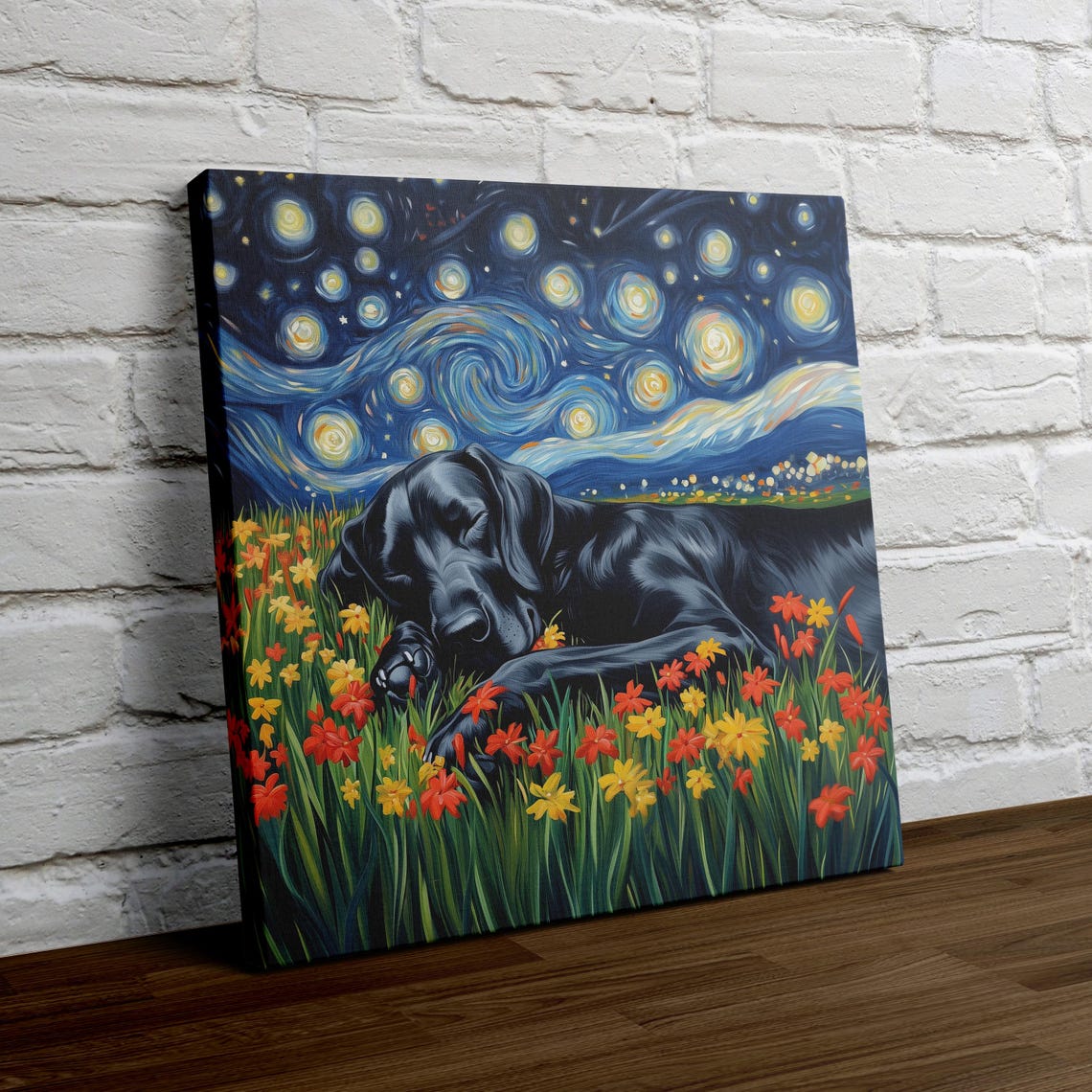 Great Dane Starry Night Dog Sleeping in a Flower Field Wall Art - Image 4