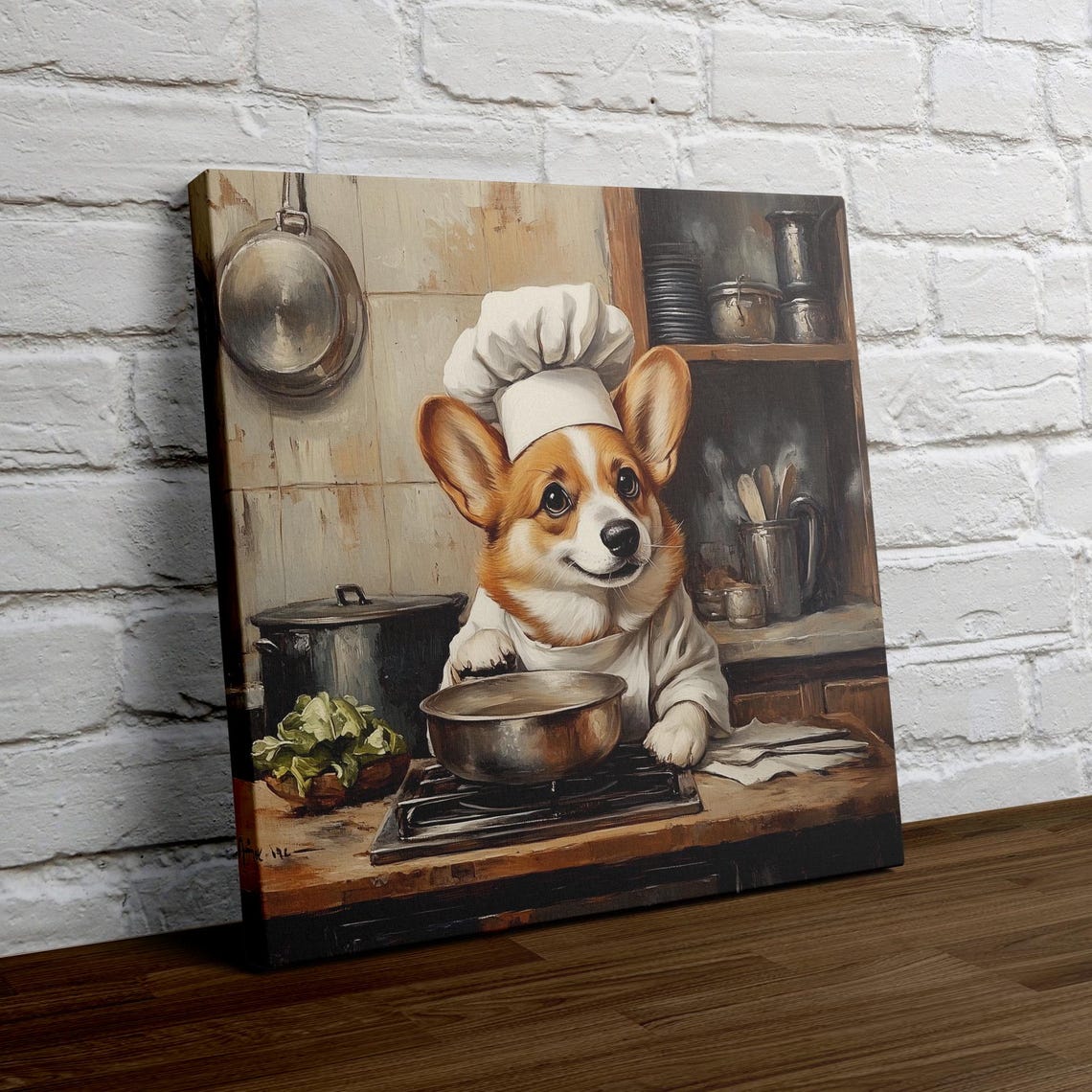 Corgi Chef Portrait Wearing a Chef Hat in Rustic Kitchen Poster - Image 4