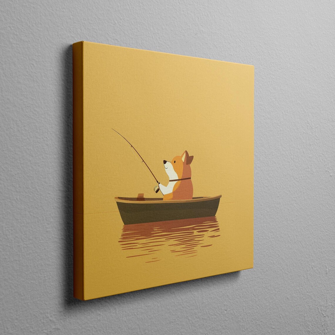 Corgi Fisherman in a Boat at Sunset Minimalist Yellow Poster - Image 2