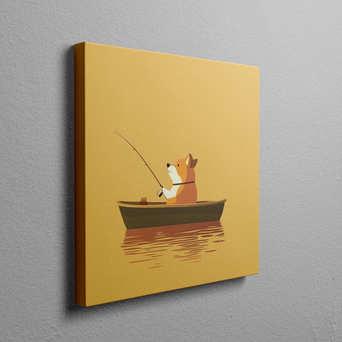 Kids Fishing Art Cute Fishing Corgi In Boat Yellow Wall Art Print Corgi Fisherman Print With 15 Wrapped Edge - Image 2