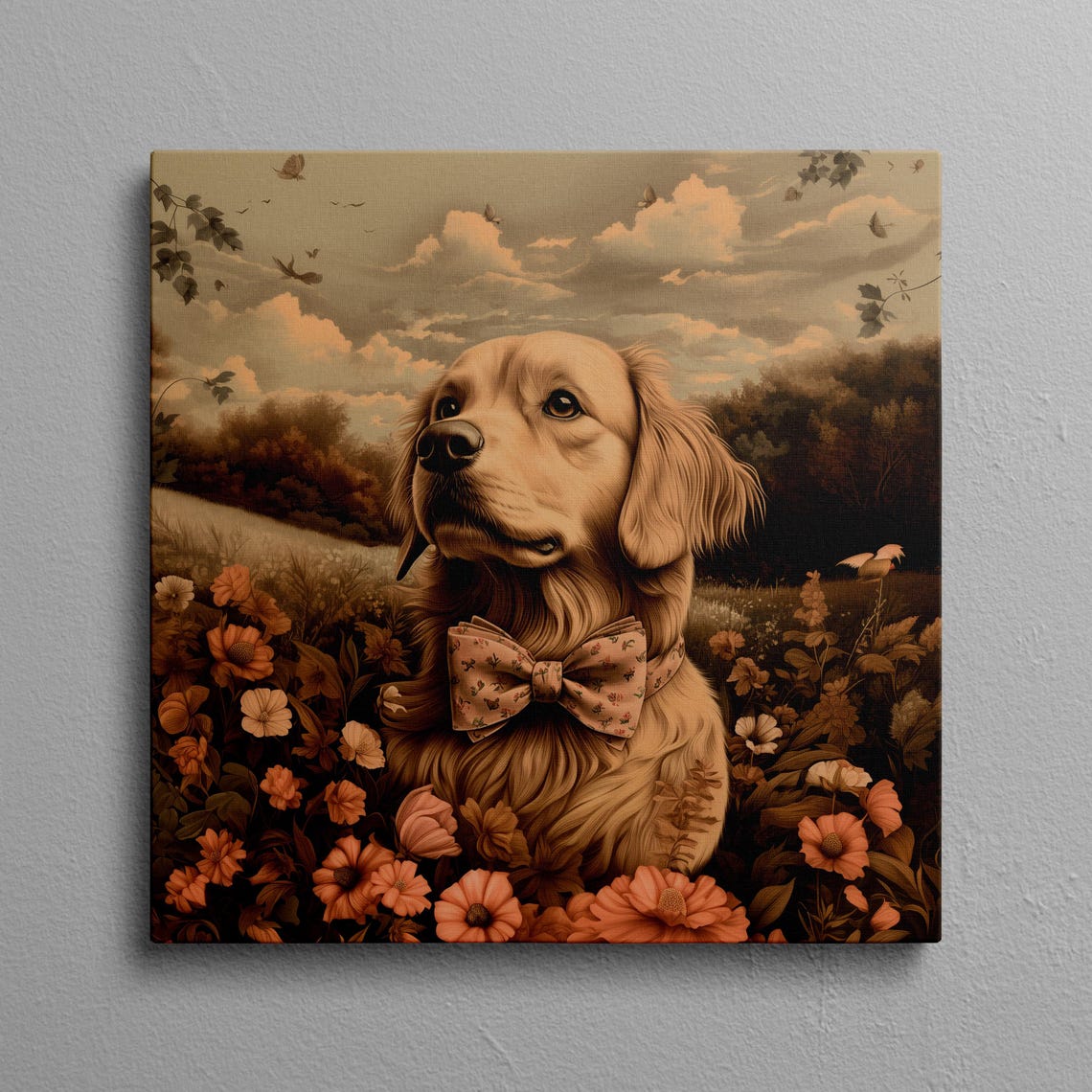 Golden Retriever With Bow Tie in a Flower Field Vintage Poster