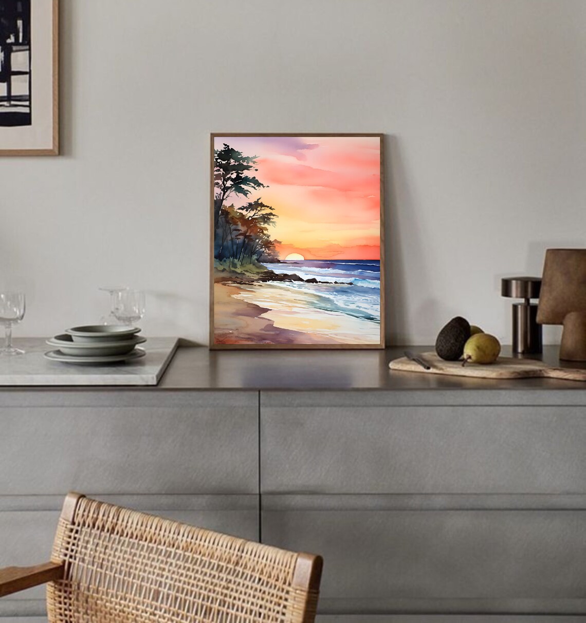 Tropical Beach Sunset Ocean Waves Golden Sky Watercolor Poster - Image 4