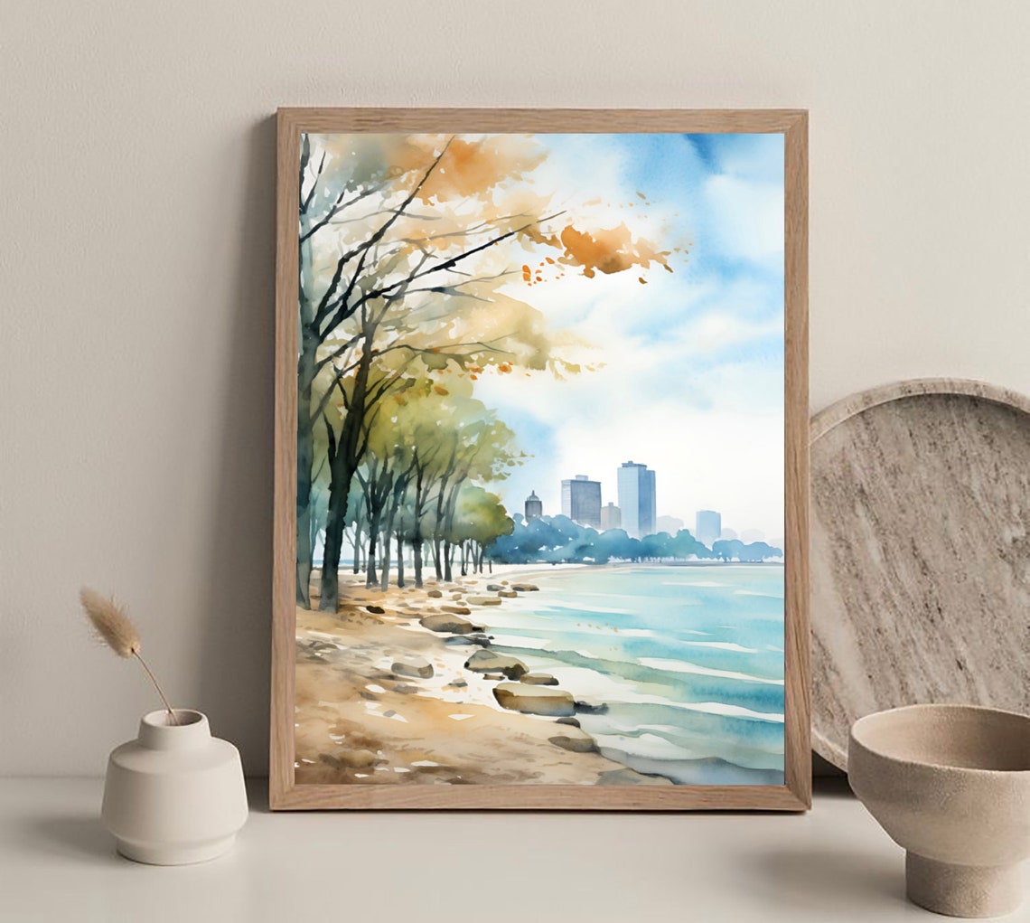 Chicago Painting Watercolor Art Print City Skyline Painting Urban Landscape Wall Art Illinois Watercolor Neutral Poster - Image 3