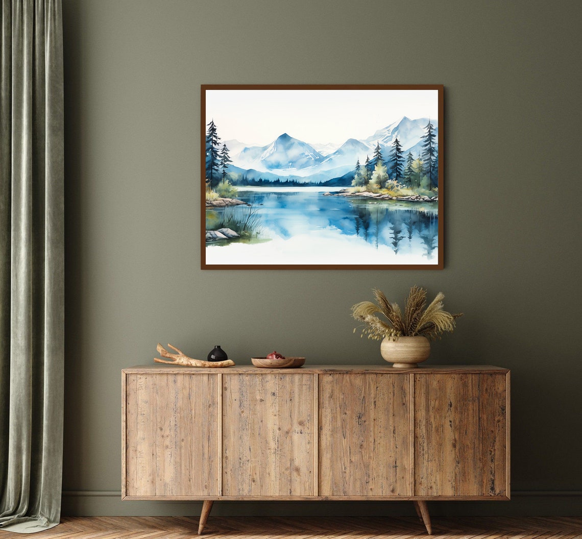 Alpine Mountain Lake Snow Peaks Pine Reflection Watercolor Poster - Image 2