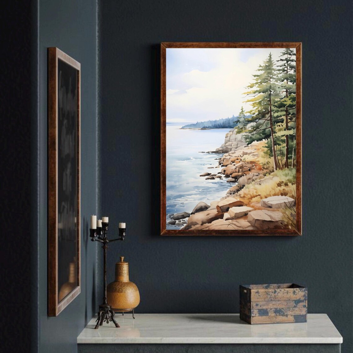 Rocky Shoreline Pine Forest Calm Water Watercolor Art Poster - Image 2