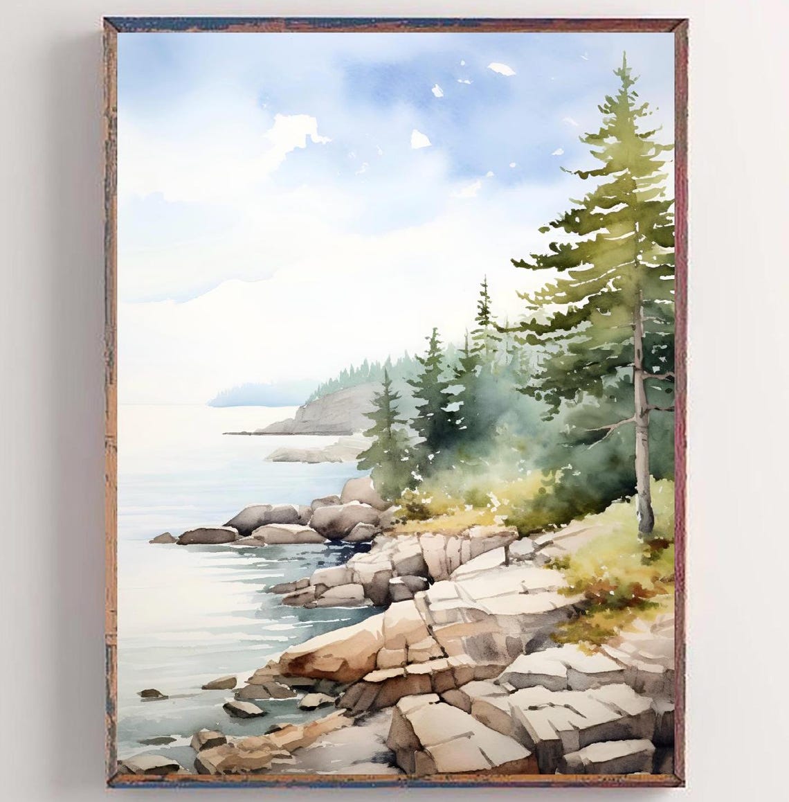 Saint Clair Lake Michigan Rocky Shore Pines Watercolor Poster