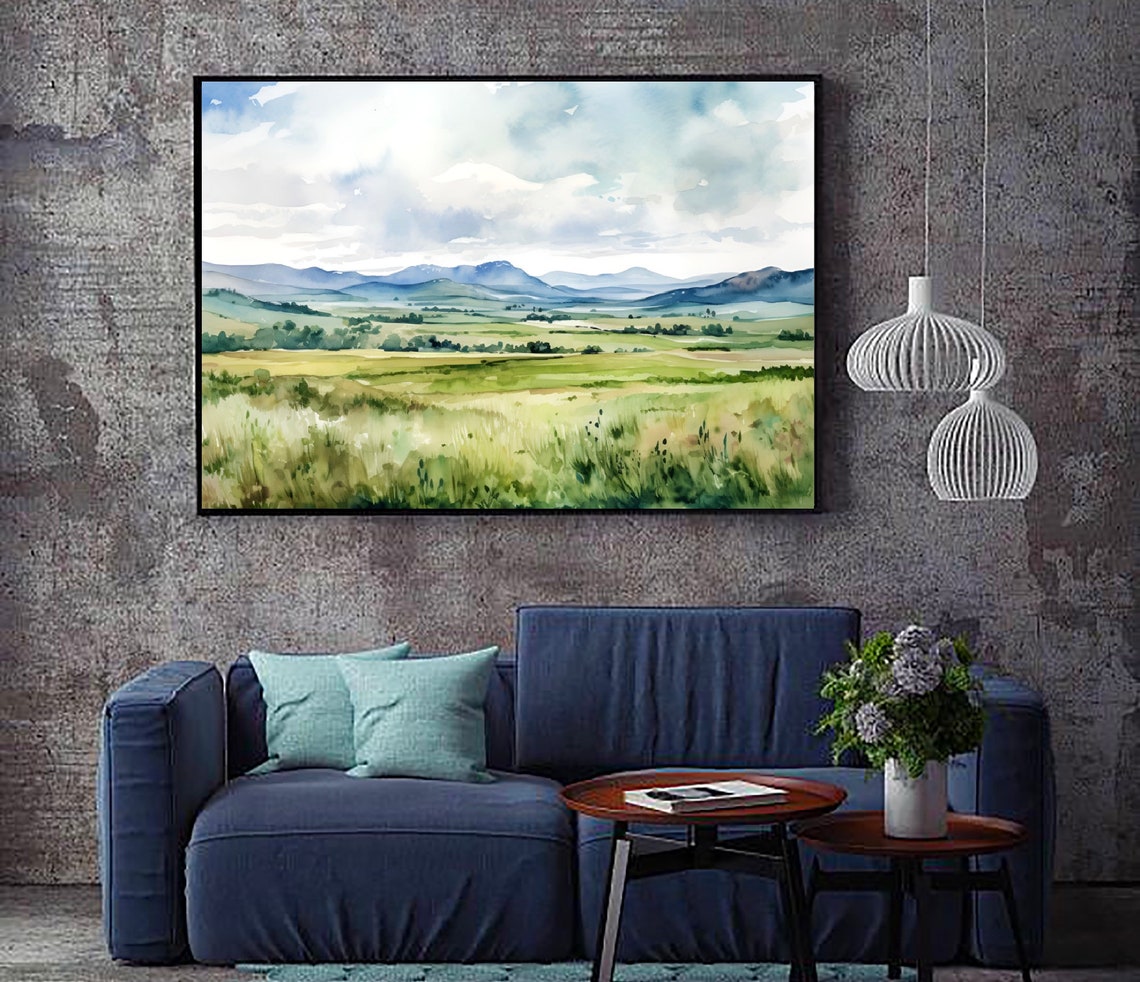 North Dakota Great Plains Panoramic Meadow Mountain Watercolor Poster - Image 4