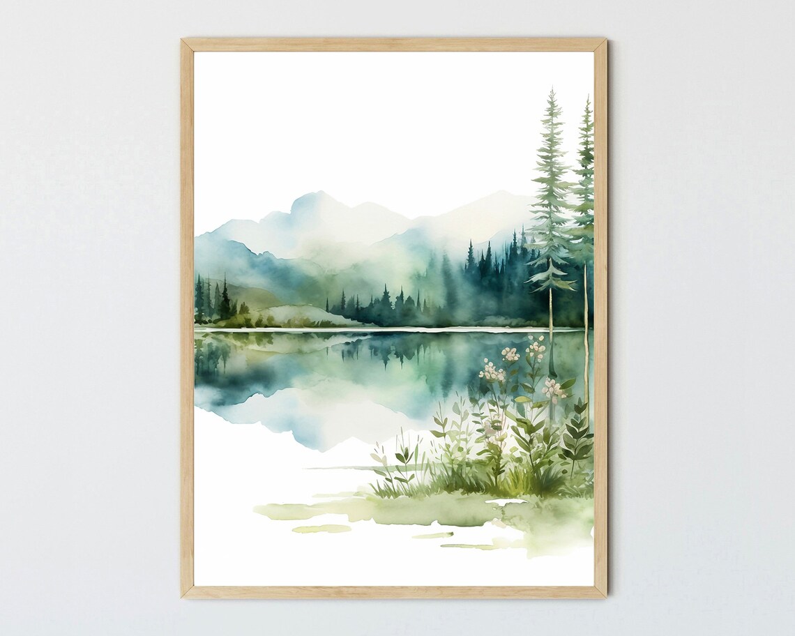 Forest Lake Sunrise Watercolor Landscape Art Print - Image 2