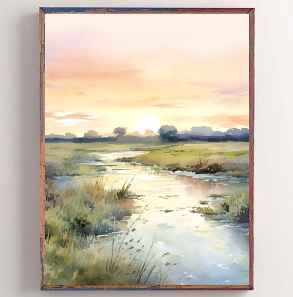 Sunset Meadow Print Watercolor Painting Landscape Fine Art Print Field River Wall Art Neutral Countryside Painting Sunrise Wall Art