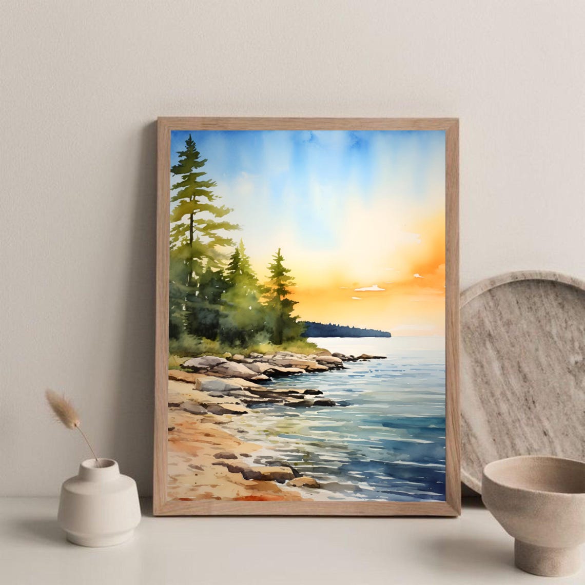 Lake Erie Sunset Pines Rocky Shore Lake View Watercolor Poster - Image 4