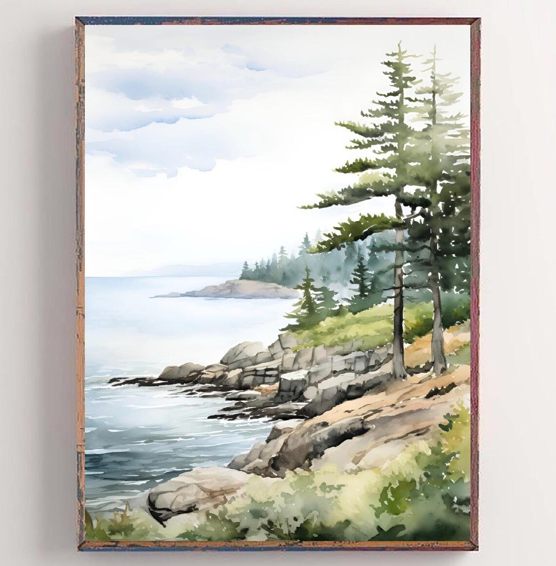 Lake Erie Ohio Rocky Pine Shore Calm Water Watercolor Poster