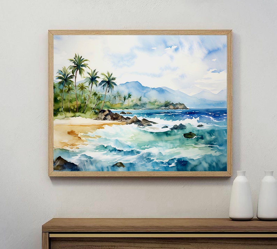 Tropical Palm Beach Turquoise Surf Ocean Mountains Watercolor Poster - Image 3