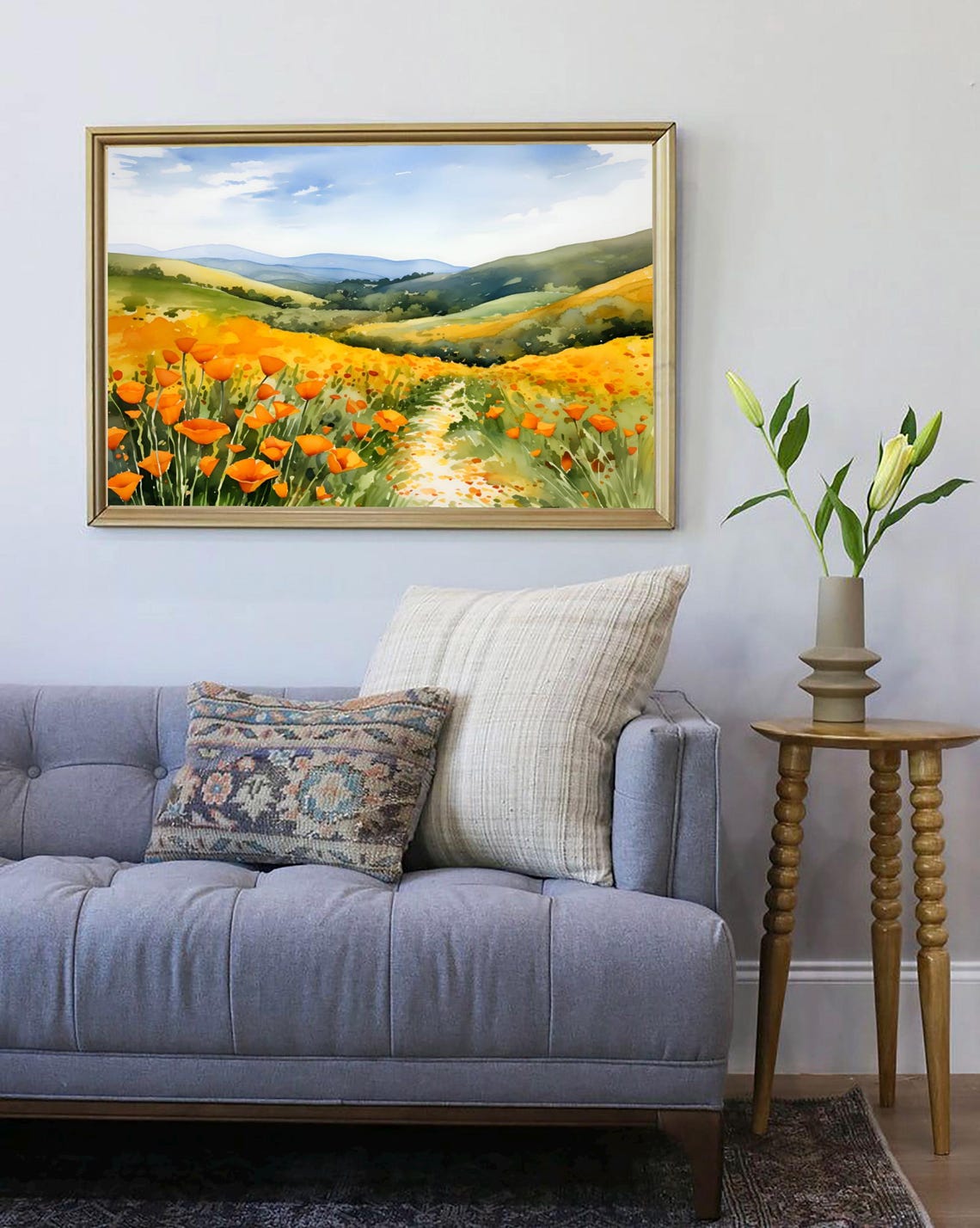 California Poppy Field Rolling Hills Golden Bloom Watercolor Poster - Image 4