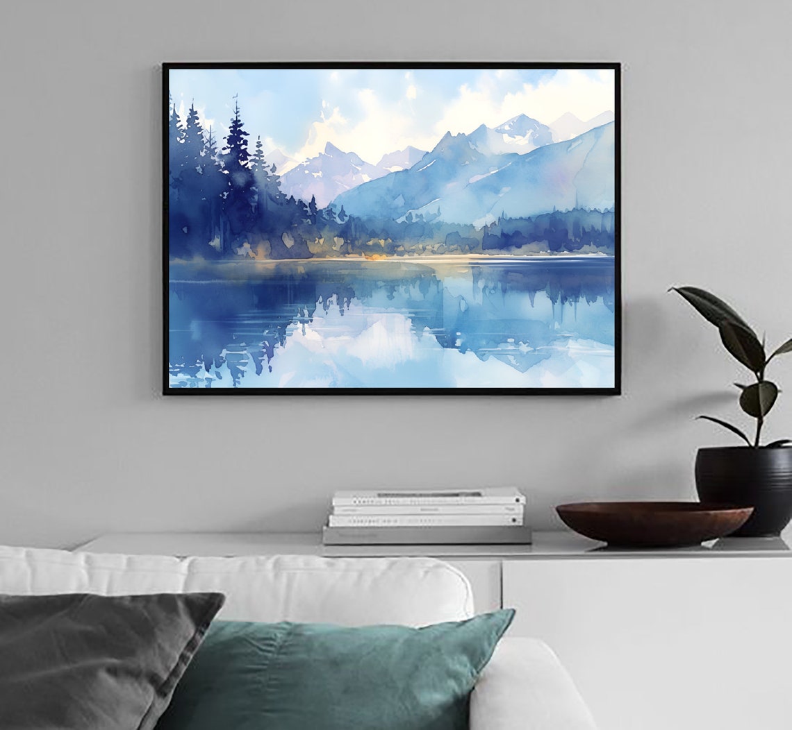 Blue Misty Mountain Lake Reflection Pine Forest Watercolor Poster - Image 4