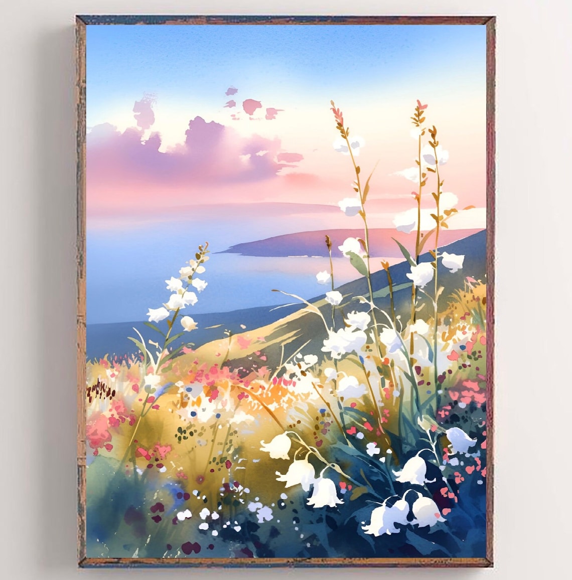 Wildflower Meadow Dusk Watercolor White Flower Field Art Poster