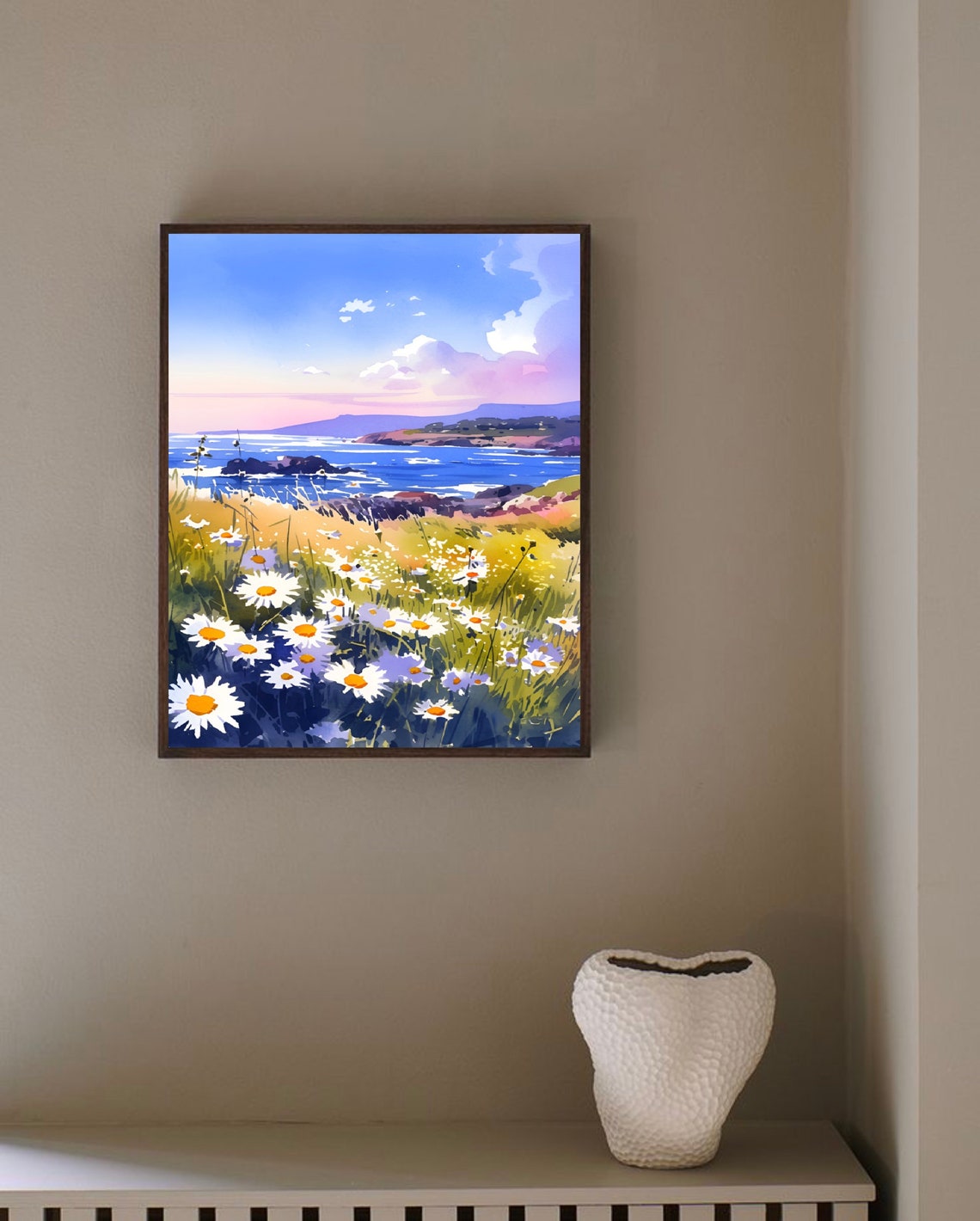 Coastal Daisies Wildflower Cliff Blue Seascape Watercolor Poster - Image 3