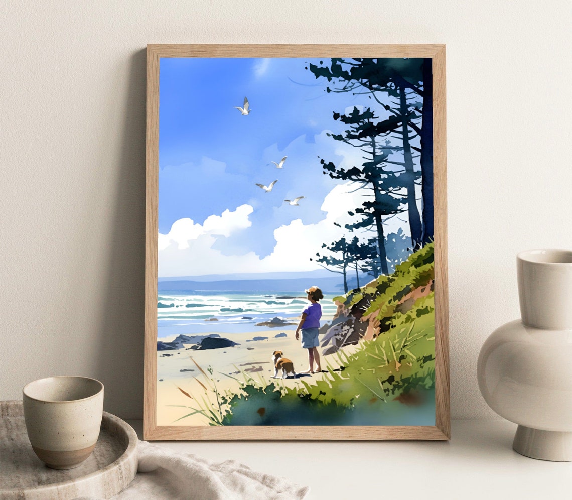 Beach with Child and Dog Seagulls Watercolor Coastal Scene Poster - Image 4