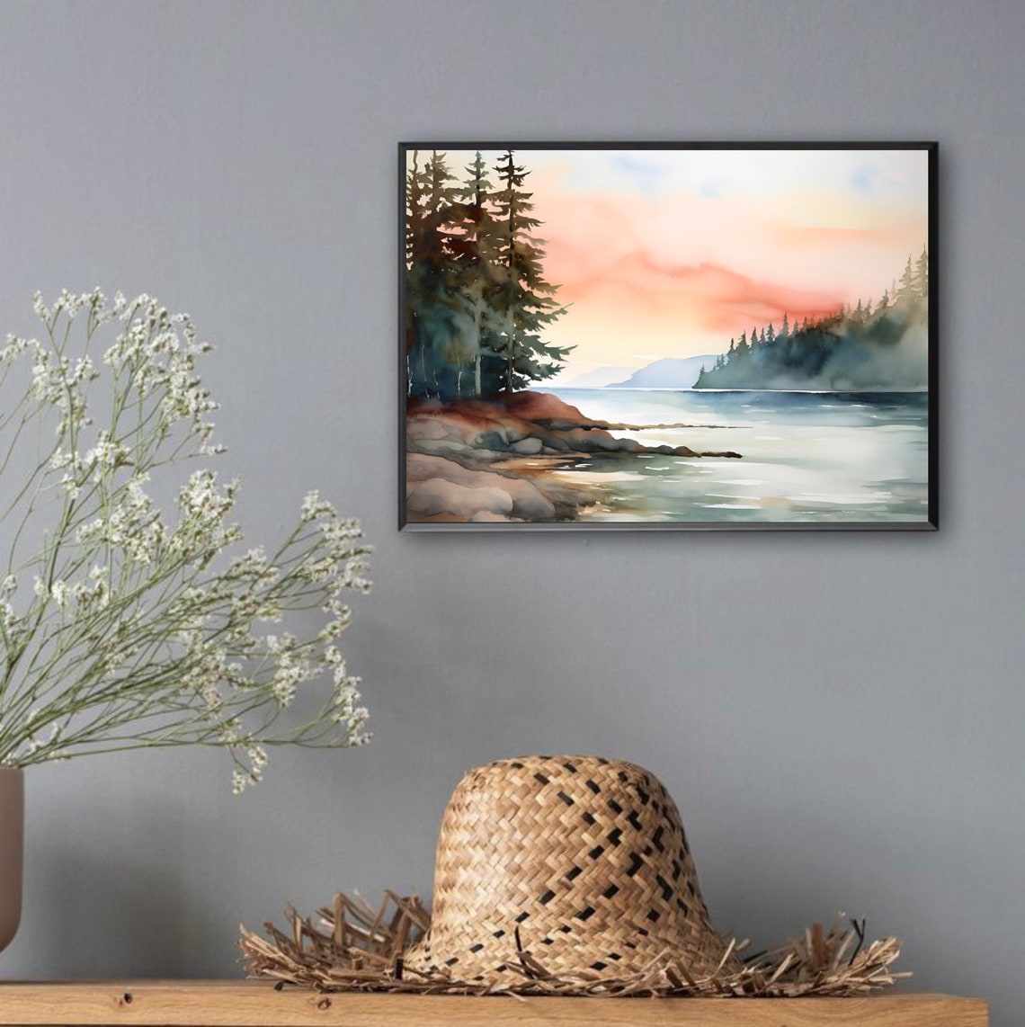 Coeur d'Alene Lake Idaho Sunset Pines Watercolor Landscape Poster - Image 4