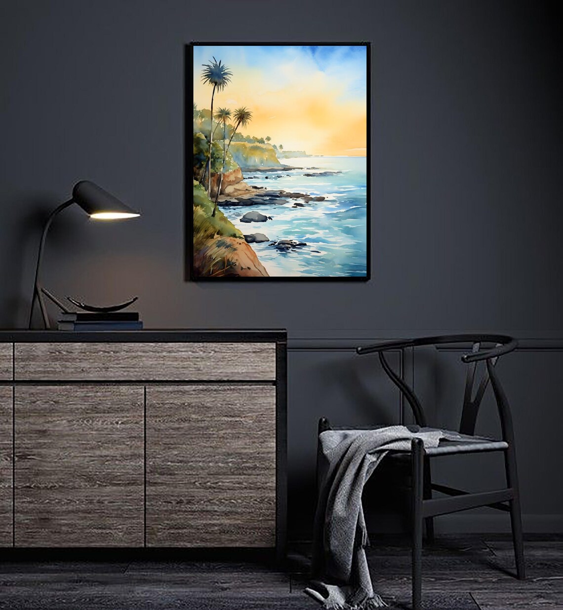 Key West Sunset Coast Palm Trees Ocean Watercolor Art Poster - Image 3