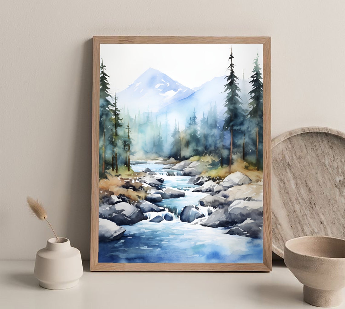 Rocky Mountain Stream Snowy Peaks Forest Watercolor Art Poster - Image 4