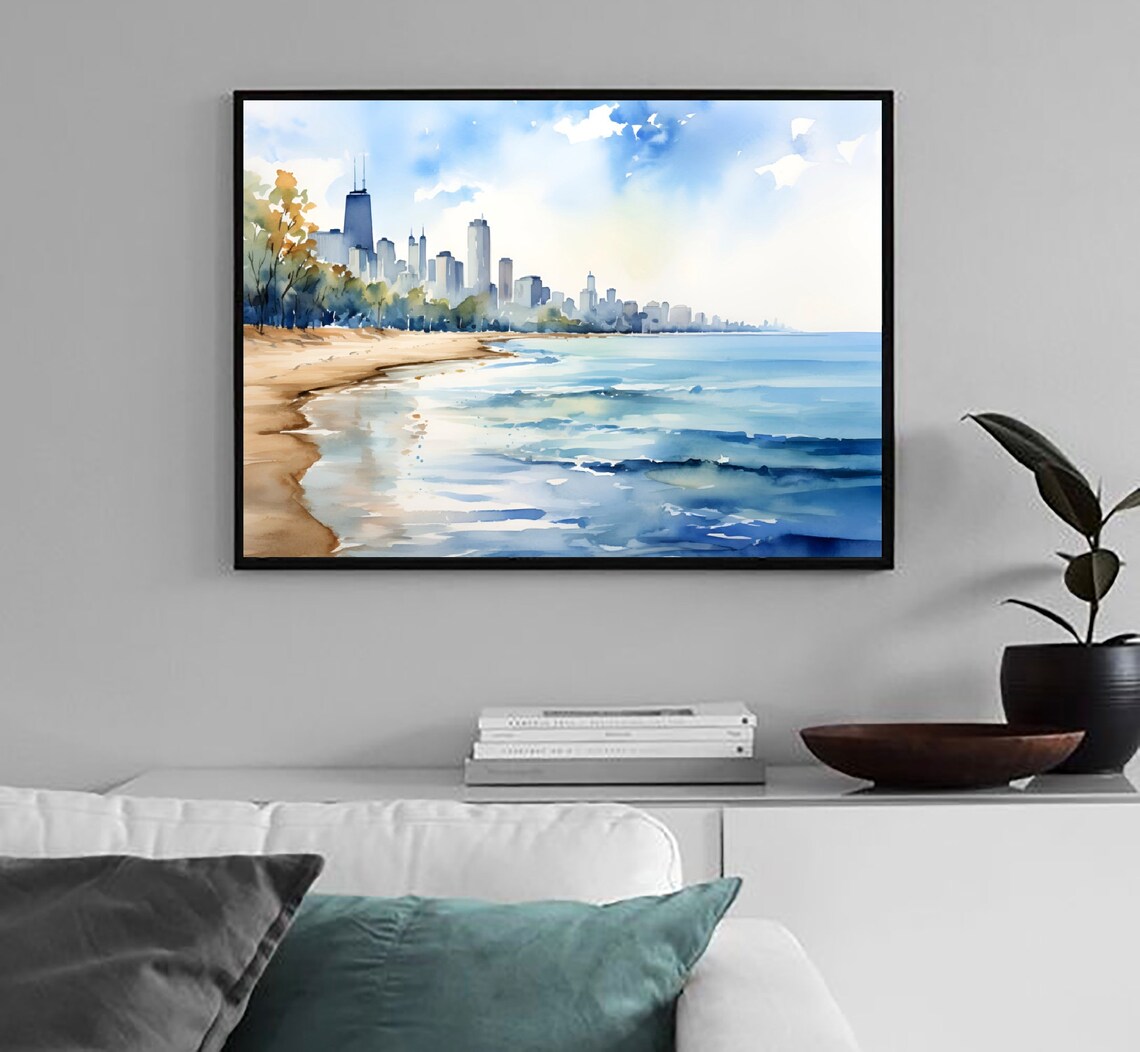 Ohio Street Beach Watercolor Art Print, Chicago Travel Poster - Image 3