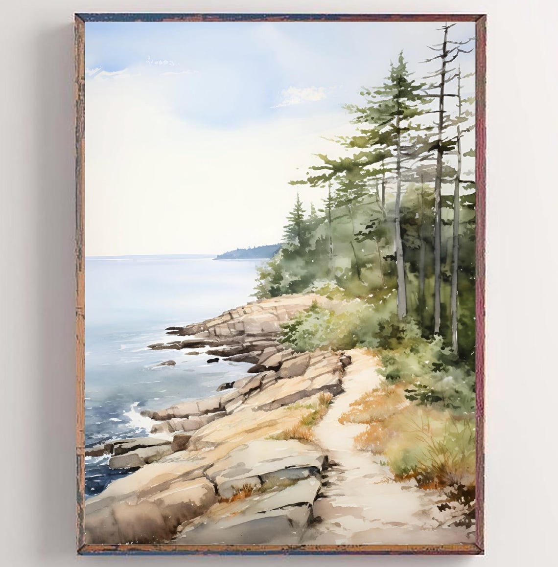 Crystal Lake Rocky Shore Pine Forest Watercolor Michigan Poster