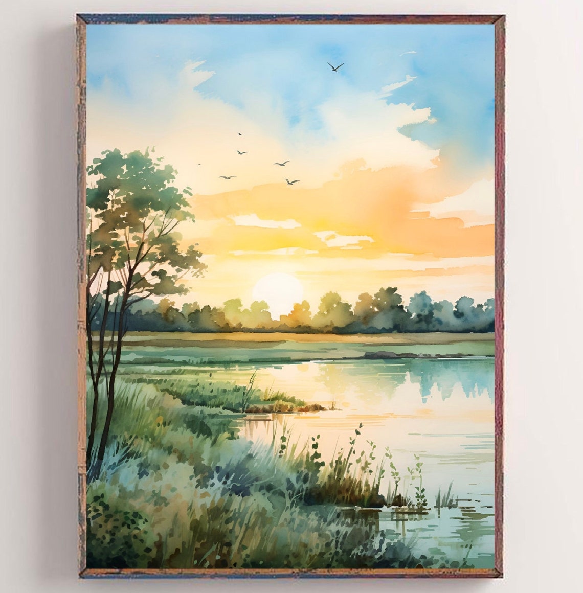 Hudson River New Jersey Sunrise Marsh Birds Watercolor Poster