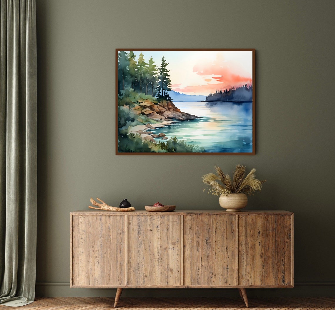 Pine Point Sunset Pink Sky Calm Water Watercolor Lake Scene Poster - Image 3