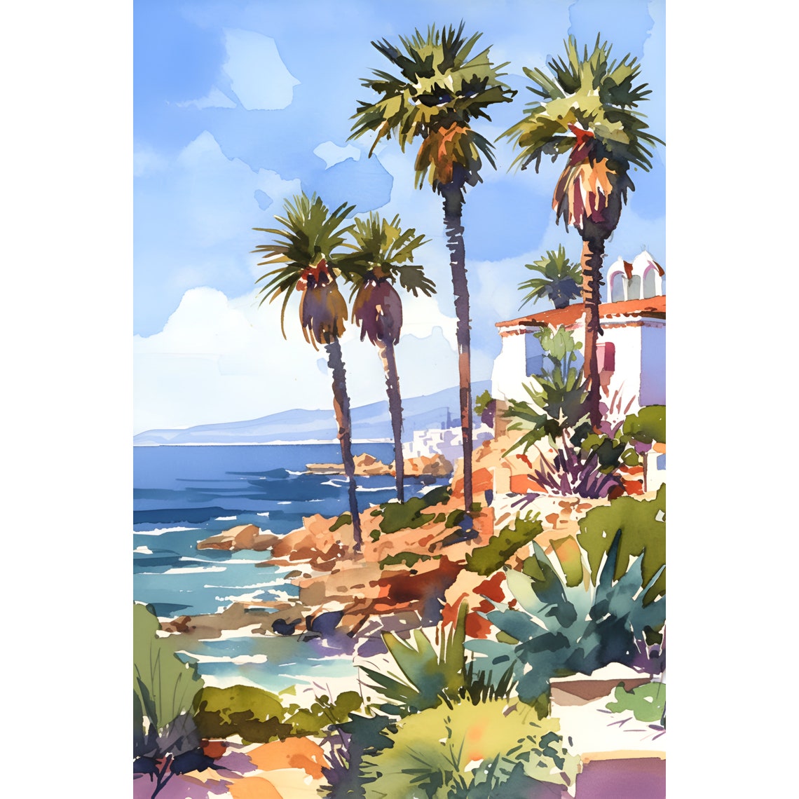 Paphos Cyprus Palm Tree Coastal Villa Mediterranean Watercolor Poster