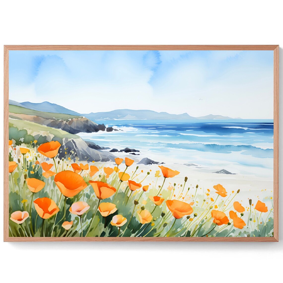 California Poppy Wildflowers Coastal Cliffs Ocean Watercolor Poster
