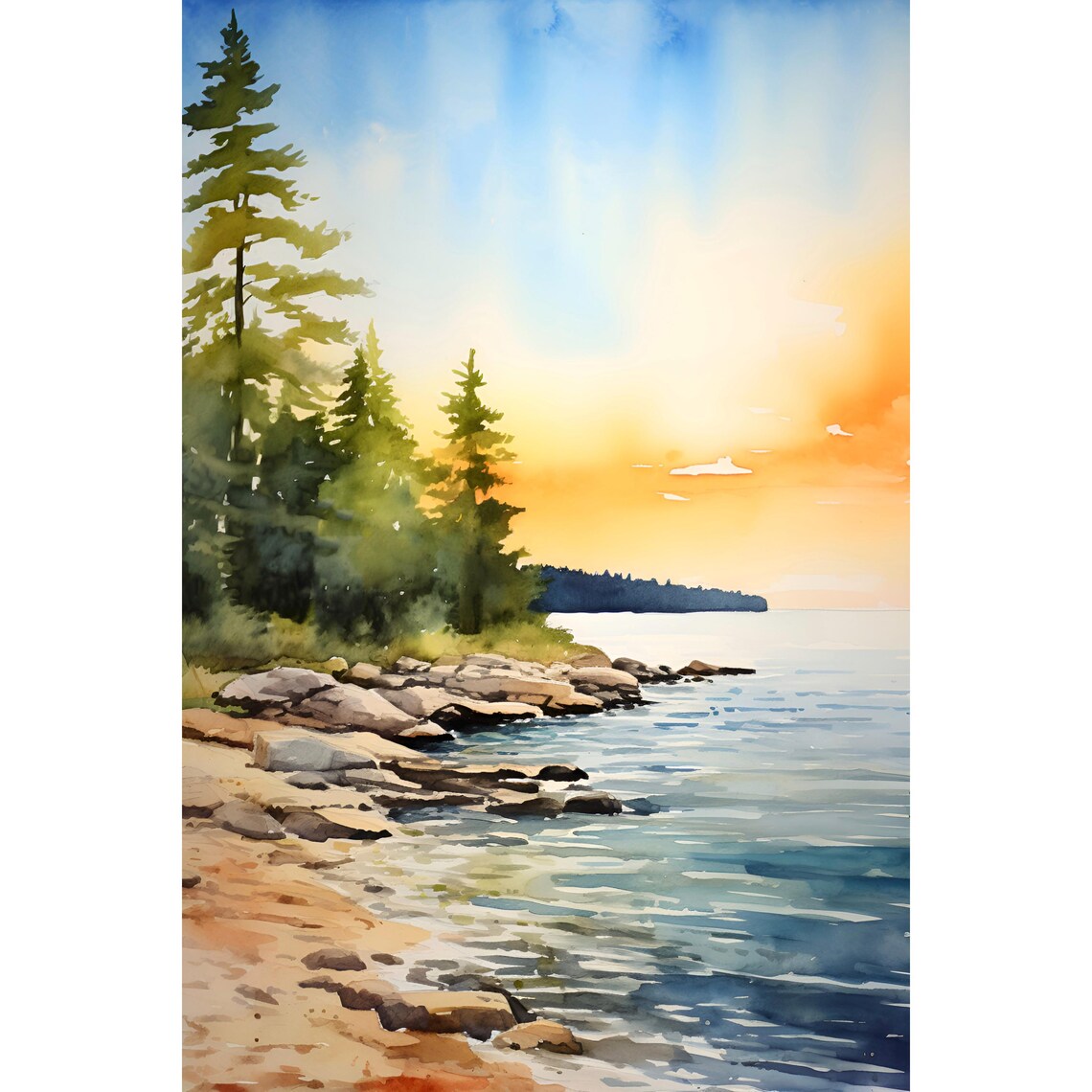 Lake Erie Sunset Pines Rocky Shore Lake View Watercolor Poster