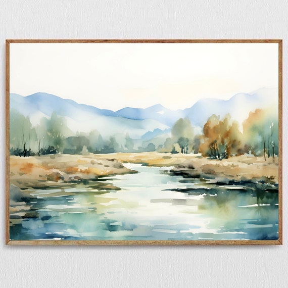 Watercolor Landscape Abstract Art Print, Lake Trees