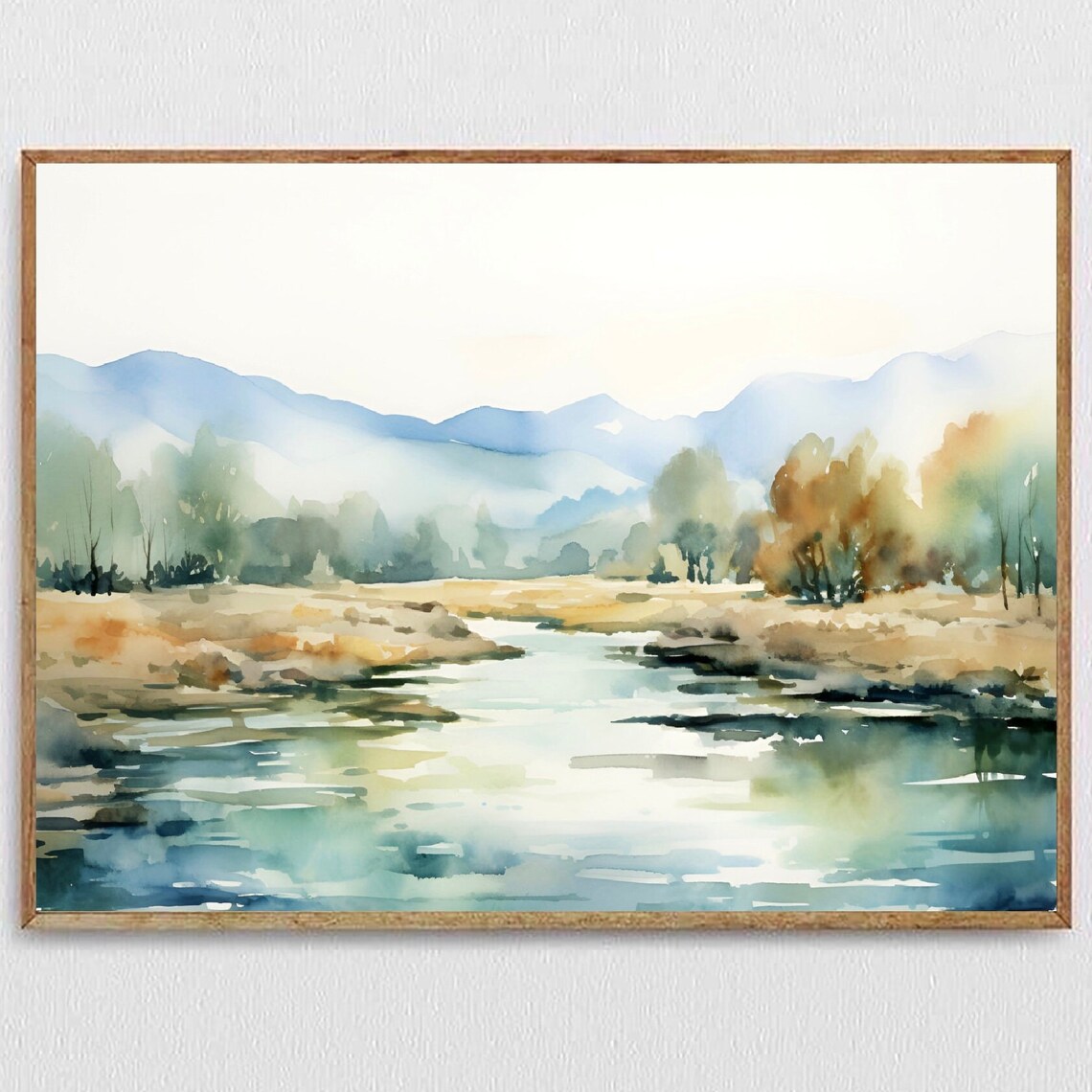 Watercolor Landscape Abstract Art Print, Lake Trees