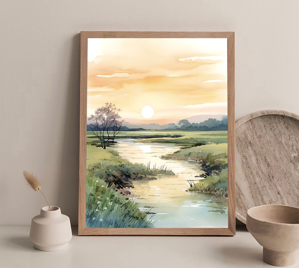 Golden River Valley Sunset Lone Tree Meadow Watercolor Art Poster - Image 3
