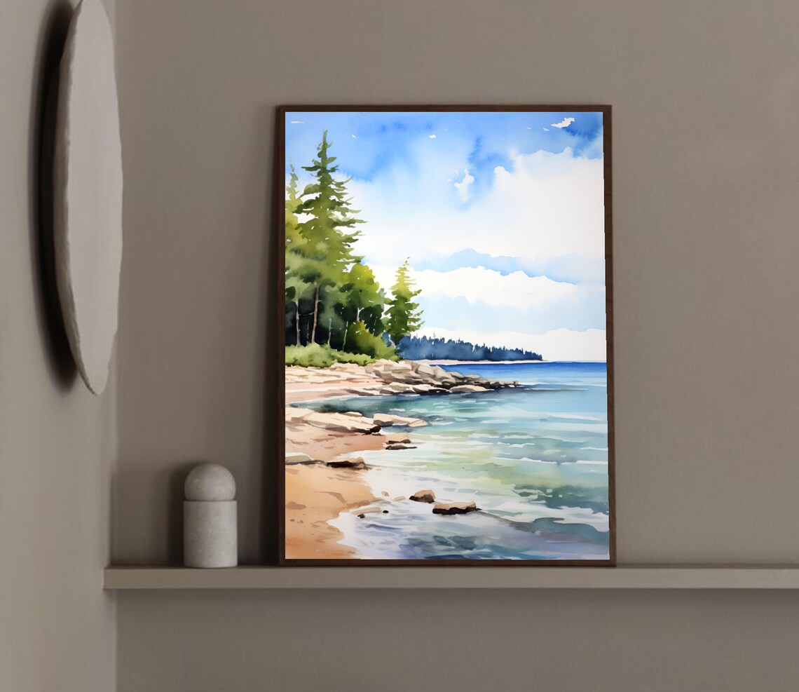 Forest Lake Michigan Pine Forest Lakeshore Watercolor Landscape Poster - Image 3