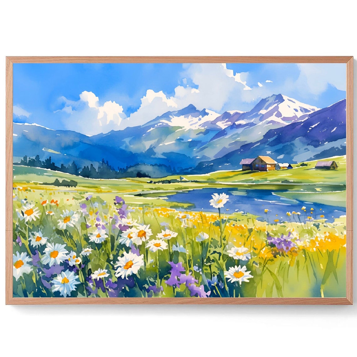 Pennine Alps Daisy Meadow Lake Cabins Watercolor Mountain Art Poster