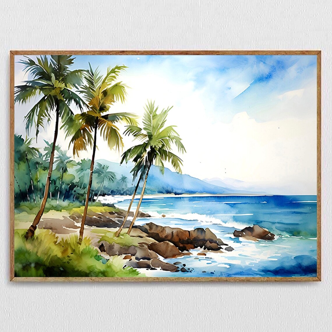 Hawaii Travel Print, Watercolor Coastal Landscape