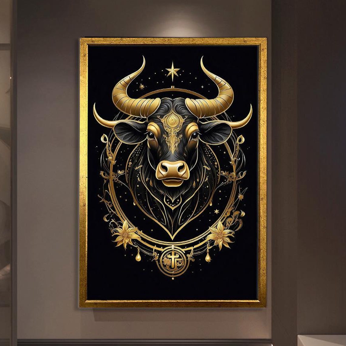 Golden Bull Head Ornate Celestial Black Gold Luxury Animal Wall Poster