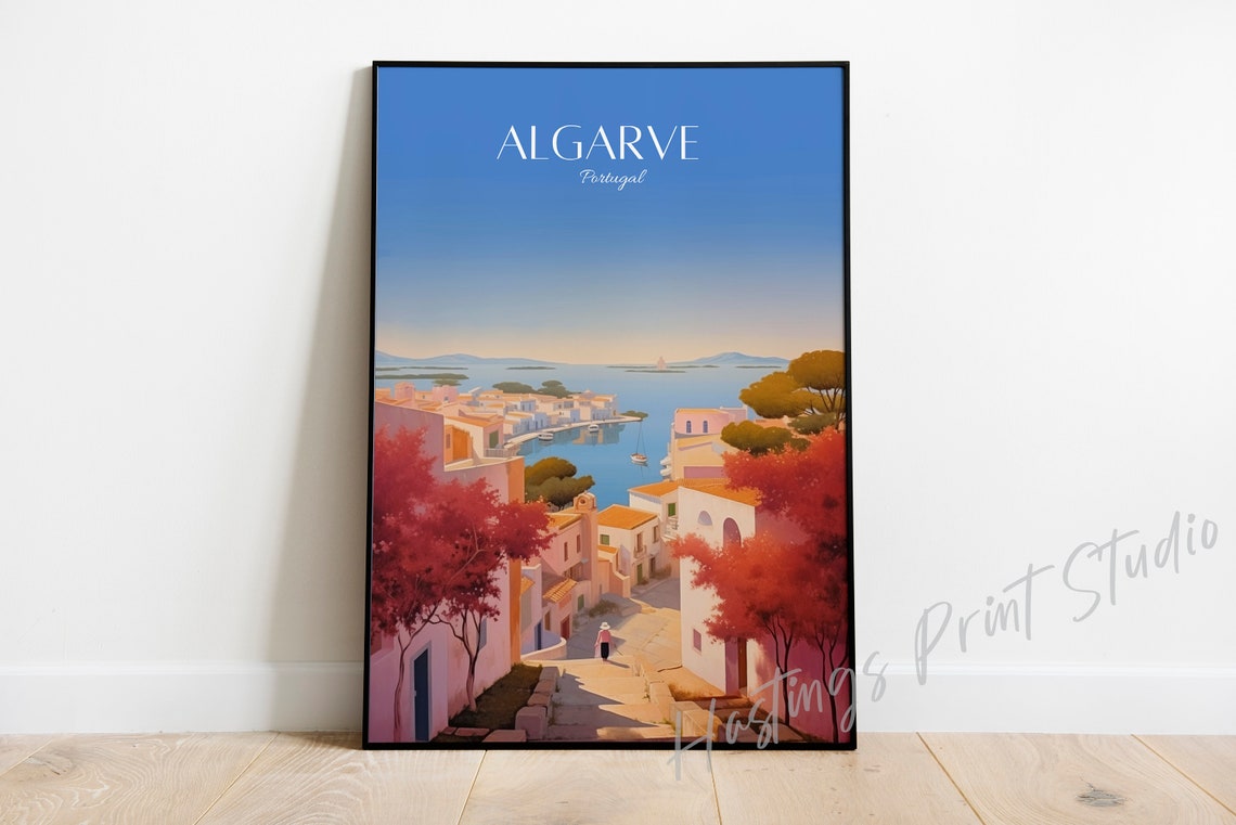 Algarve Portugal Whitewashed Seaside Town Sunny Travel Poster