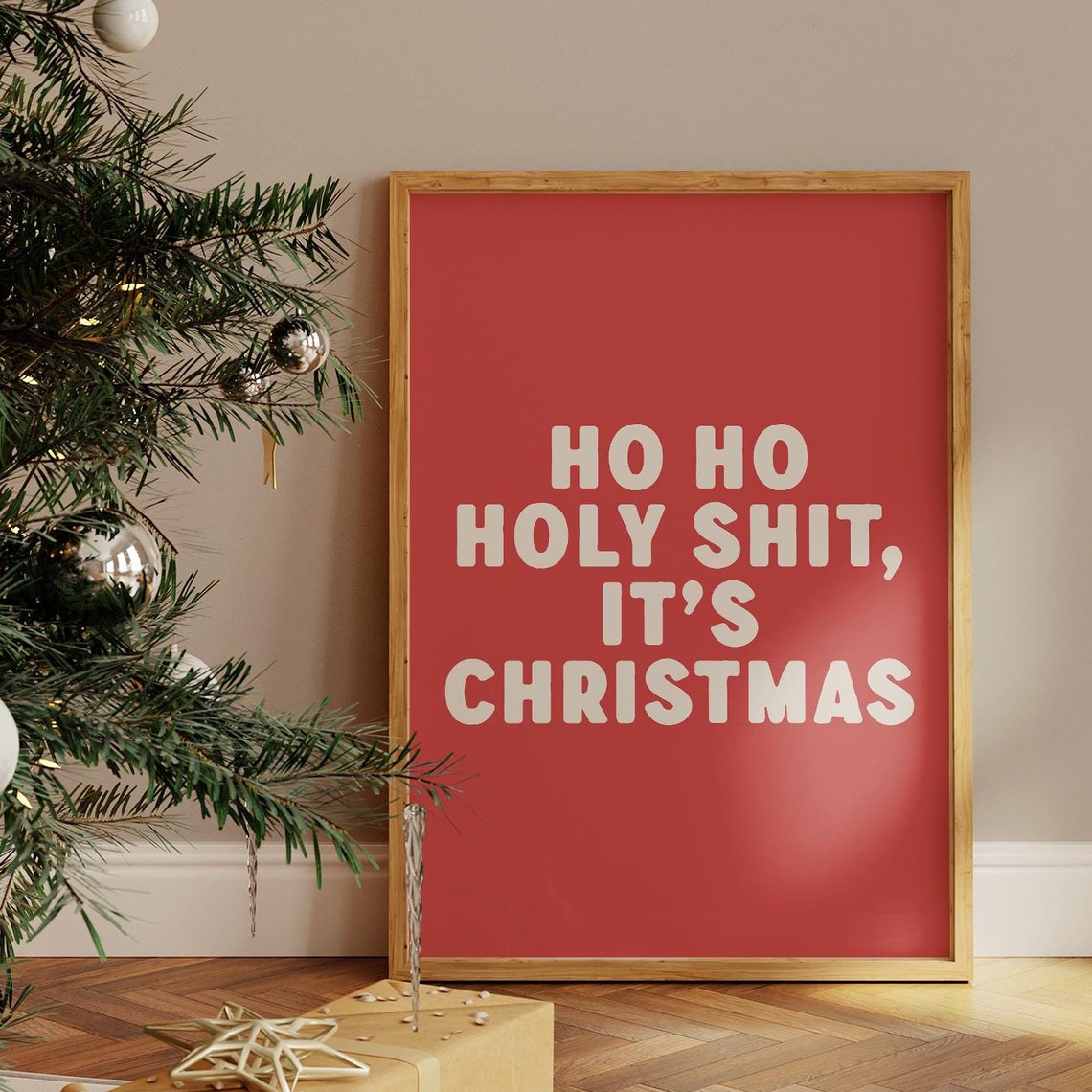 Ho Ho Holy Funny Christmas Red Bold Typography Holiday Wall Art