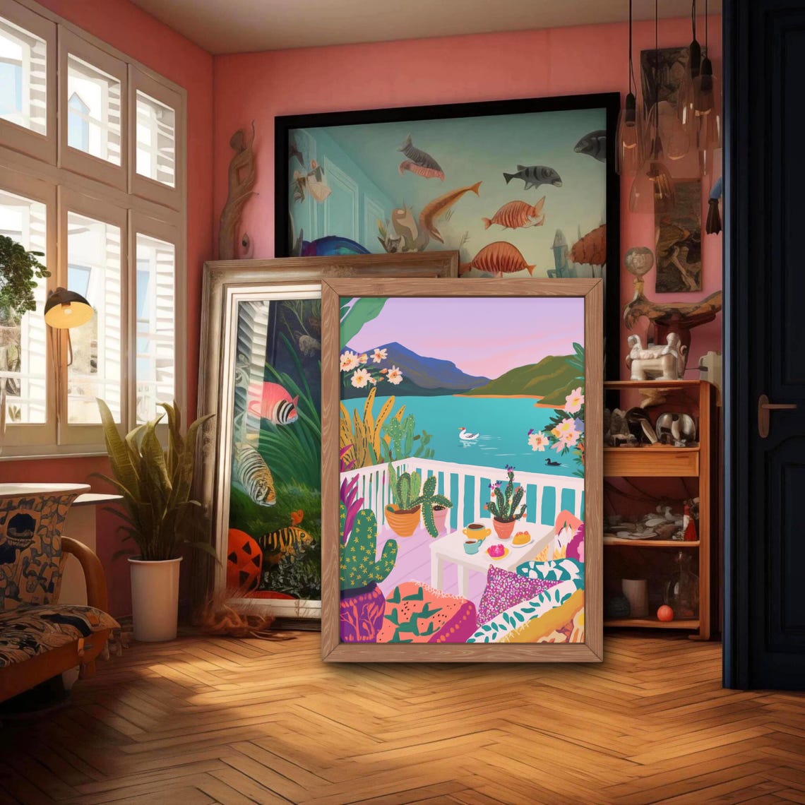 Colorful Lake View Wall Art Boho Balcony Nature Print Vibrant Maximalist Landscape Relaxing Outdoor Art Cozy Scenic Poster - Image 2