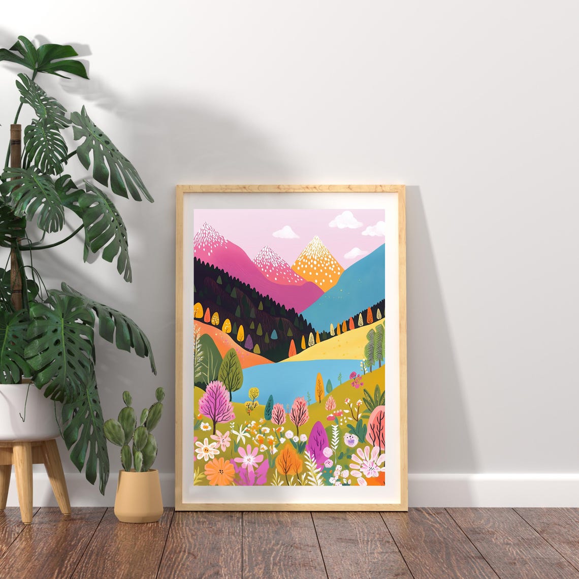 Vibrant Mountain Lake Meadow Beneath Pink Snowy Peaks Art Poster - Image 2