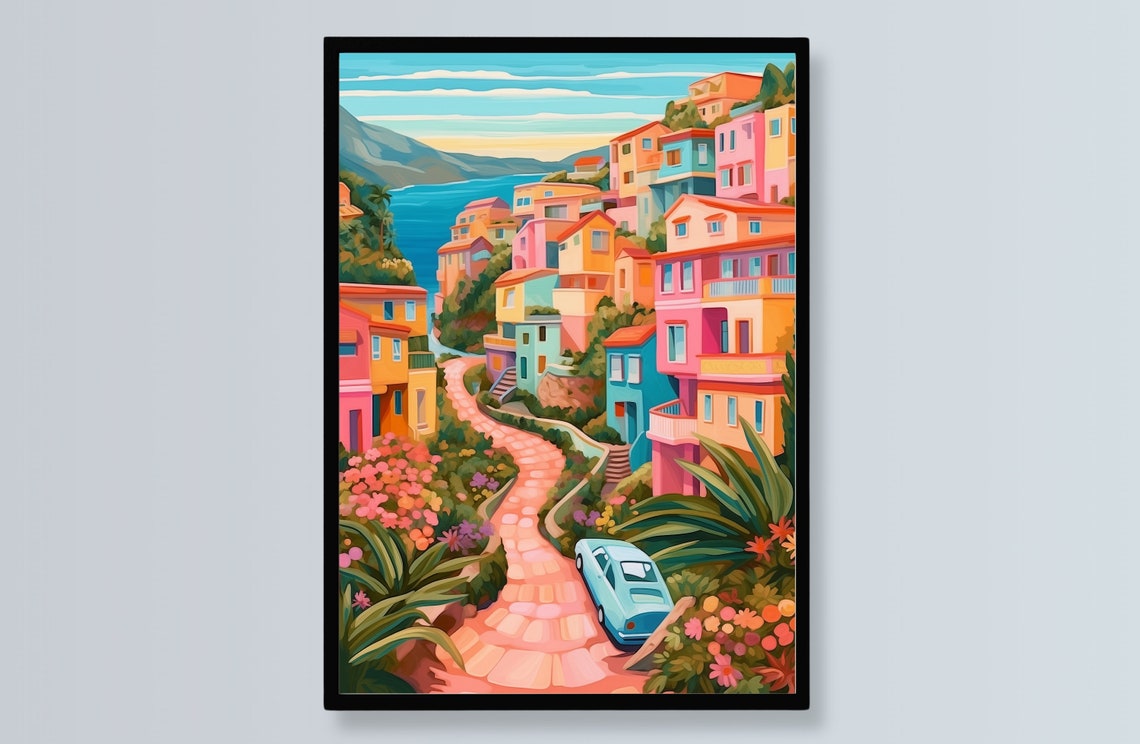 Vibrant Mediterranean Coastal Village Print Colorful Whimsical Wall Art With Iconic Architecture And Tropical Landscapes